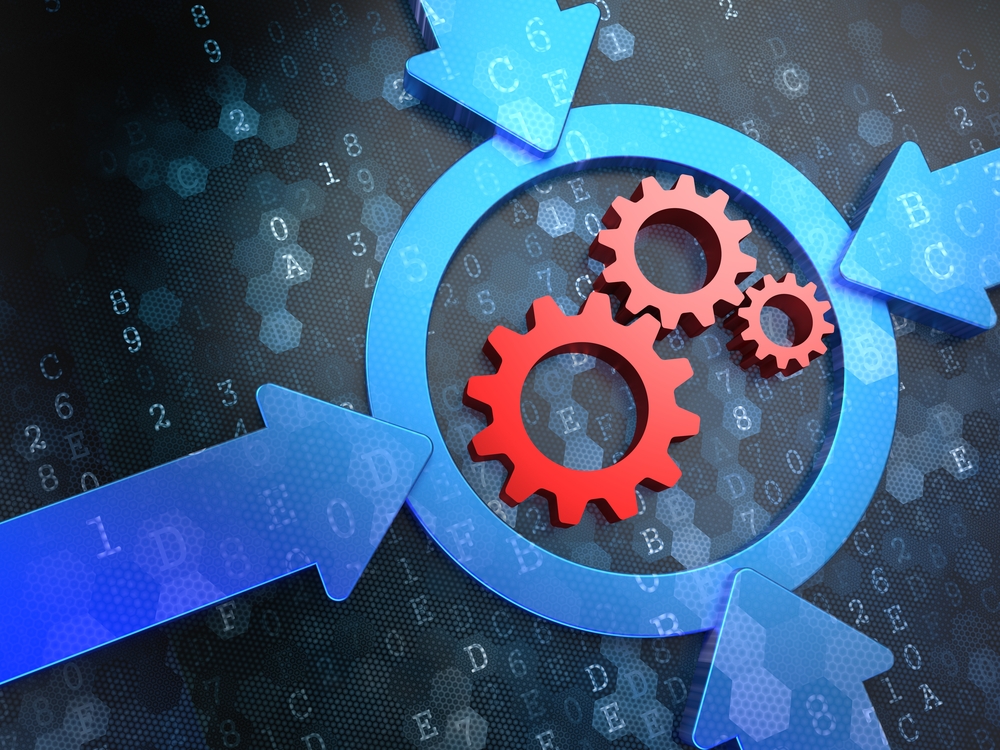 Cogwheel Gear Mechanism Icon Inside the Target on Digital Background. Business Concept.